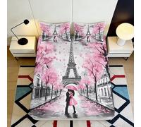 Drap Housse 3D Impression Tour Eiffel Sakura Microfibre Poche Profonde Antidérapant Chambre Paris Mattress Fitted Cover Lavable 90x200x25cm