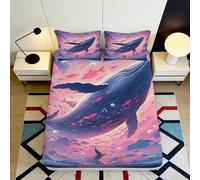 Drap-Housse 3D imprimé Baleine océan Microfibre Grande Profondeur Chambre Baleine Mattress Fitted Cover Antidérapant Bord élastique Lavable 160x200x25cm