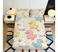 Drap Housse 3D Imprimé Canard Mignon Microfibre Grande Profondeur Antidérapant Parure Lit Canard Cartoon Mattress Fitted Cover pour Maison 140x200x25cm