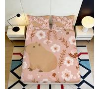 Drap-Housse 3D imprimé Capybara Fleurs Microfibre Poche Profonde Anti-Glisse Ensemble lit Capybara Motifs Mattress Fitted Cover Adulte Adolescent Lavable Protection Matelas 160x200x25cm