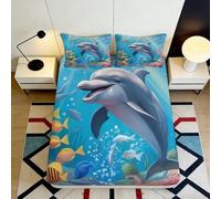 Drap Housse 3D Imprimé Dauphin Microfibre Doux Poche Profonde Chambre Tout Entouré Antidérapant Ocean Mattress Fitted Cover Lavable 140x200x25cm