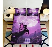 Drap-Housse 3D imprimé Fée Violette Lune Microfibre Grande Profondeur Linge de Chambre Enveloppement Fée Violette Lune Mattress Fitted Cover Lavable Antidérapant Adultes Jeunes 90x200x25cm