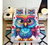 Drap-Housse 3D Imprimé Hibou Coloré Microfibre Profonde pour Chambre Couvre-Matelas Hibou Antidérapant Élastiqué Tout Âge 140x200x25cm