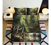 Drap Housse 3D imprimé Loup Forêt Microfibre Antidérapant Profondeur Adaptée Parure Chambre Forêt Mattress Fitted Cover Adulte Jeune 200x200x25cm