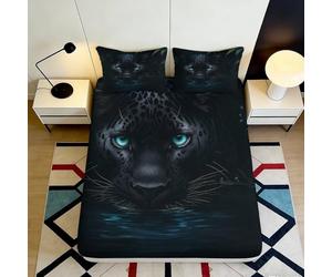 Drap Housse 3D Imprimé Panthère Noire Microfibre Profonde Poche Antidérapant Parure de Lit Panther Mattress Fitted Cover 140x200x25cm