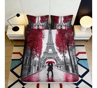 Drap Housse 3D Imprimé Paris Romantique Microfibre Antidérapant Profondeur Drap Housse Matelas Paris Lavable Literie Chambre 140x200x25cm