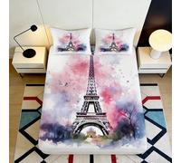 Drap-Housse 3D imprimé Paysage de Paris Microfibre Linge de Lit Chambre Housse de Matelas Paris Scène Profonde Antidérapant Lavable 160x200x25cm
