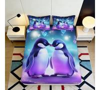 Drap Housse 3D Imprimé Pingouin de Rêve Microfibre Pochette Profonde Lavable Protection Pingouin Couverture Matelas Antidérapant Tout Enveloppant 90x200x25cm