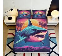Drap Housse 3D Imprimé Requin Microfibre Poche Profonde Antidérapant Set Chambre Requin Couvre Matelas Lavable 200x200x25cm
