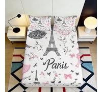 Drap Housse 3D Imprimé Style Paris Microfibre Poche Profonde Antidérapant Linge de Lit Paris Mattress Fitted Cover Chambre 90x200x25cm