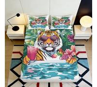 Drap-Housse 3D imprimé Tigre Tropical Microfibre Poche Profonde antidérapant literie Chambre Jungle Animal Mattress Fitted Cover Contour élastique Lavable pour Adultes Adolescents 140x200x25cm