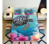 Drap Housse 3D Imprimé Tortue de Mer Fleur Microfibre Poche Profonde Linge de Lit Chambre Style Océan Couverture de Matelas Adaptée Adultes Jeunes Lavable 160x200x25cm