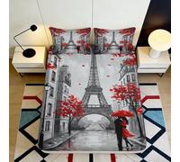 Drap-Housse 3D imprimé Tour Eiffel Microfibre Grande Profondeur Antidérapant Housse de Matelas Style Paris, Ensemble Literie Lavable, pour Adultes 200x200x25cm