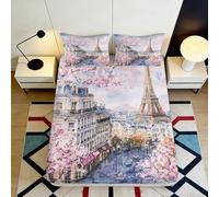 Drap-Housse 3D Paris Microfibre Impression Profonde Sakura Matelas Fitted Cover Lavable Chambre Parure de Lit 160x200x25cm