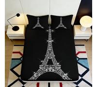 Drap-Housse 3D Printing Tour Eiffel Microfibre Poches Profondes Antidérapant Linge de Lit Paris Mattress Fitted Cover Lavable 140x200x25cm