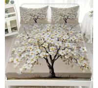 Drap Housse 80x160 cm Housse de Matelas Filles, Garçons, Peinture à l'huile de Fleurs de Poirier Blanches Protection de Matelas avec Bonnet de 30 cm, Couleur Claire Doux Drap Housses