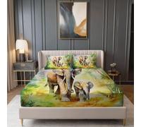 Drap Housse 90 × 190 cm, Aquarelle Jungle Éléphant imprimé, Blanc Microfibre Douce, 30cm Profond, Drap Housse Élastique pour Matelas Chambre à Coucher Décoration Maison