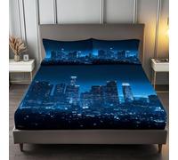 Drap Housse 90 x 190 cm, Belle Vue Nocturne De Los Angeles Drap Housse Grand Bonnet 30 cm, Parure de lit Microfibre, Enfant Parure de lit Costume avec 2 Taies d'oreiller, Bleu Marine