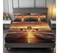 Drap Housse 90 x 190 cm Dessin Grand Avion De Ligne Au Coucher du Soleil Imprimé Drap Housse pour Enfant Adultes, Parure de Lit en Microfibre Respirant Draps-Housse Poche Profonde 30 cm, Orange