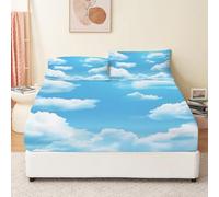 Drap Housse 90 x 190 cm Impression Ciel Bleu Et Nuages Blancs Bleu Et Blanc, Drap-Housse Doux Respirant et Résistant Microfibre Lavable en Machine, Drap Housse Poche de 30 cm Profondeur