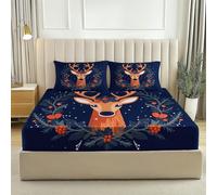 Drap Housse 90 x 190 Housse Doux et Respirant Baies de Houx de cerf de Noël Parure de lit imprimée pour Enfants et Adolescents Drap Bleu foncé Rouge
