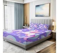 Drap Housse 90 x 190 Housse Doux et Respirant Dessin animé Licorne Arc-en-Ciel Parure de lit imprimée pour Enfants et Adolescents Drap Violet Rose
