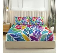 Drap Housse 90 x 190 Housse Doux et Respirant Feuilles d'aquarelle bohème Parure de lit imprimée pour Enfants et Adolescents Drap Arc-en-Ciel Multicolore