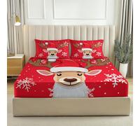 Drap Housse 90 x 190 Housse Doux et Respirant Flocons de Neige de Noël en Forme de cerf Parure de lit imprimée pour Enfants et Adolescents Drap Rouge Blanc