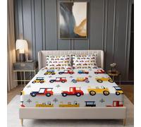 Drap Housse 90 x 190 Housse Doux et Respirant Véhicule de Camion d'ingénierie Plat Parure de lit imprimée pour Enfants et Adolescents Drap Beige