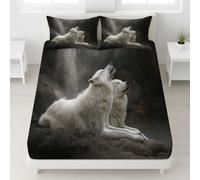 Drap-Housse 90 x 190 x 30, 30cm Grand Bonnet, avec Taie d'oreiller 1 x 65 x 65, Drap-Housse Facile d'entretien, Drap de lit Microfibre Doux Gris Blanc Photoréaliste Loups Cascade Hurlement