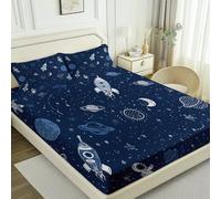 Drap Housse 90 x 200 + 30 cm, Espace Dessins Animés Univers Imprimé Draps Housses Doux Protege Matelas avec Une Rebord Élastique - Lavable Ajustable Protection Matelas avec Bonnet 30 cm Bleu Foncé