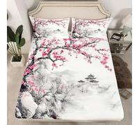 Drap Housse 90x190 cm Architecture Japonaise 3D Drap-Housse 90x190 cm Fleurs de Cerisier - Housse de Matelas Grande Bonnet 30 cm, Lit Enfant - Inclus 2 Taies d'oreiller T268