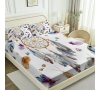 Drap Housse 90x190 cm, avec 1 Taie d'oreiller 65x65 cm - Drap Housse Microfibre Doux à Motifs Aquarelle Bohème Attrape-Rêves, 30CM Grand Bonnet, Blanc