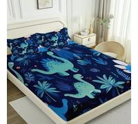 Drap Housse 90x190 cm, avec 1 Taie d'oreiller 65x65 cm - Drap Housse Microfibre Doux à Motifs Dessin Animé Dinosaure Volcan, 30CM Grand Bonnet, Bleu