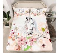 Drap Housse 90x190 cm Cheval, 3D Fleurs de Cerisier Drap-Housse en Microfibre, Drap Plat 1 Personne, Drap Housse avec 2 Taie d'oreillers pour Matelas Épais Q/L1274