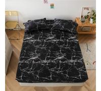 Drap Housse 90x190 cm Marbre, 3D Noir Drap-Housse en Microfibre, Drap Plat 1 Personne, Drap Housse avec 2 Taie d'oreillers pour Matelas Épais Q/L1292