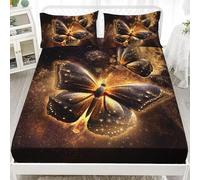 Drap Housse 90x190 cm Papillon 3D Drap-Housse 90x190 cm Or Noir - Housse de Matelas Grande Bonnet 30 cm, Lit Enfant - Inclus 2 Taies d'oreiller T303