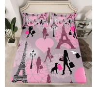 Drap Housse 90x190 cm Paris 3D Drap-Housse Fille de Mode Draps Housses Microfibre 1 Personne avec 2 Taie d'oreillers pour Matelas Épais XCW6218