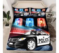 Drap Housse 90x190 cm Voiture de Police, 3D Adolescent Drap-Housse en Microfibre, Drap Plat 1 Personne, Drap Housse avec 2 Taie d'oreillers pour Matelas Épais BL308