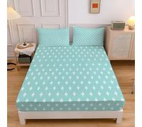 Drap Housse 90x190cm, avec 2 Taie d'oreiller 65x65cm, Drap Housse Microfibre Doux à Motif Minimaliste Géométrique Bohème Croix Blanche, 30CM Grand Bonnet Vert Clair