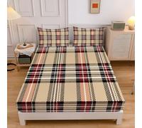 Drap Housse 90X190Cm Bonnet 30 Cm - Tartan Country Rayures Vintage De Lit 1 Personnes Doux Confortable en Microfibre - Lot De 1 Draps Housses Beige avec 2 Taie d'oreiller