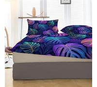 Drap Housse 90x190cm, Motif Feuilles Monstera Dégradées Housse de Matelas, Protection de Matelas 30cm, Violet Draps de lit Plantes Tropicales, Doux Drap Housses avec Taies d'oreiller x2