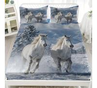 Drap Housse 90x190x30cm Bonnet 30cm Bleu pour 1 Personnes lit | Drap-Housse Microfibre Hiver Montagnes EnneigéEs Animaux Blanc Cheval Respirant Housse Matelas, Drap de Fond Hypoallergénique