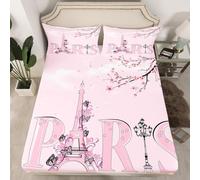 Drap Housse 90x200 / 90x190 Paris Drap Housse 90 x 200 Enfant Fleurs Roses 3D Drap-Housse Grand Bonnet 30 cm Matelas Épais Microfibre, avec Élastique Tout Autour a.1123