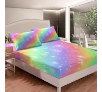Drap Housse 90x200 cm 3D Arc-en-Ciel Drap-Housse 90x200 cm - pour lit de 90 x 200 à 30 cm - Hauteur du Matelas, Ciel Étoilé Drap Housse Enfant avec 1 Taie d'oreiller D1746