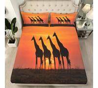 Drap Housse 90x200 cm Girafe Africaine 3D Drap-Housse 90x200 cm Faune Africaine - Housse de Matelas Grande Bonnet 30 cm, Lit Enfant - Inclus 2 Taies d'oreiller U1564