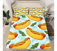 Drap Housse 90x200 cm Saucisse 3D Pain Drap-Housse 90x200 cm - pour lit de 90 x 200 - Hauteur du Matelas à 30 cm, Housse de Matelas Enfant avec 2 Taie d'oreiller R801