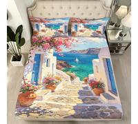 Drap Housse 90x200 cm Ville Balnéaire 3D Drap-Housse 90x200 cm Grèce - Housse de Matelas Grande Bonnet 30 cm, Lit Enfant - Inclus 2 Taies d'oreiller U1473