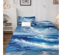 Drap Housse 90x200 Océan - Protege Matelas Paysage Marin, Drap Housse Grand Bonnet 35 cm, Housse Matelas Doux et Confortable Microfibre avec 1 Taies d'oreiller 50x75 cm L&-y183