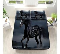 Drap Housse 90x200cm Antidérapants Imprimé Draps Housse Animal Cheval Noir Microfibre Doux Housse Matelas 30 cm Profond, Enfant Adulte Drap-Housse avec 2 Taies D'oreillers 65x65cm